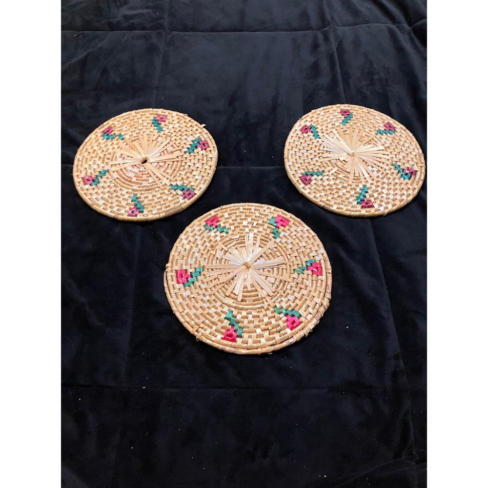 Woven Straw Trivet Set Tan Pink Green Floral Boho 3pc